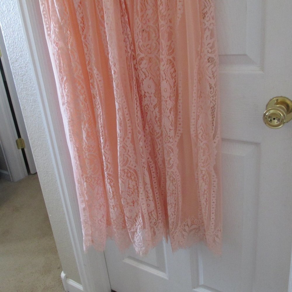 Long Flowy Maxi Dress Womens Peach Orange Short Sleeve Flared V Neck Zip Up Back - Picture 9 of 12